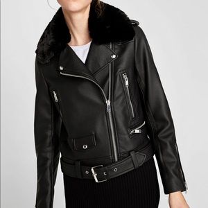 Ruffle Bell Sleeves Faux Leather Fur Collar Biker Black Jacket